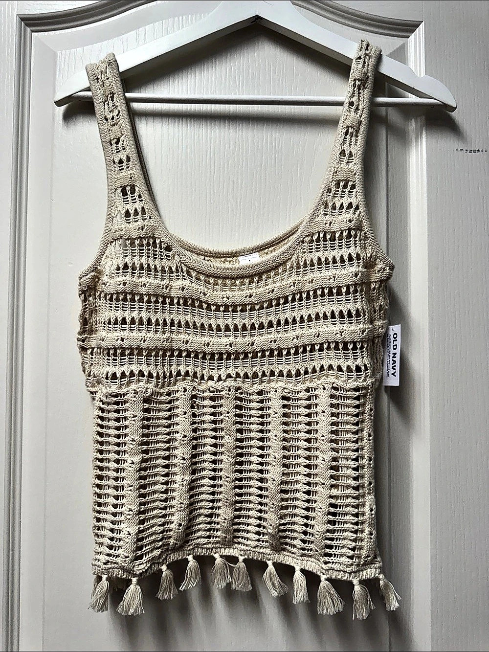 Old Navy Open-Weave Seaside Cotton Fringe Tank Top Cream Small